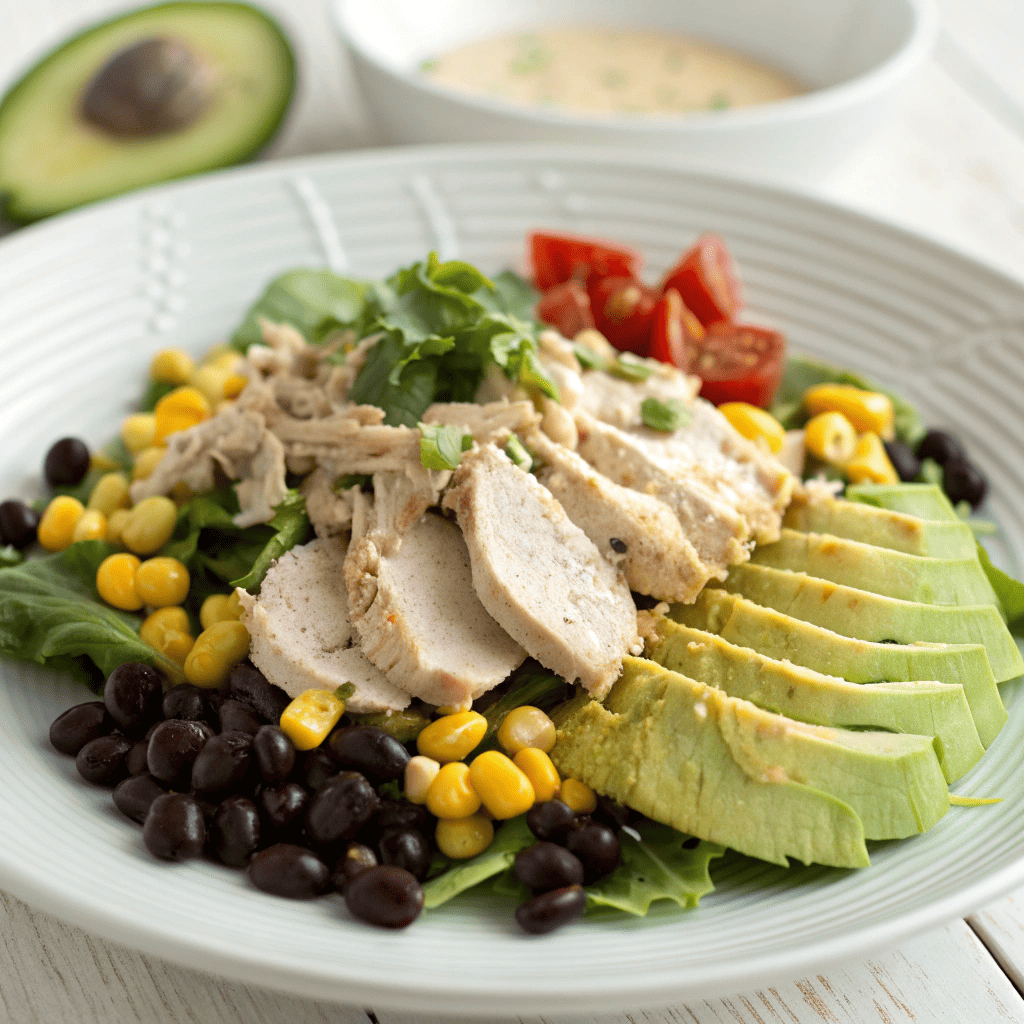 High protein Southwest chicken salad with shredded chicken, corn, black beans, avocado, and fresh cilantro