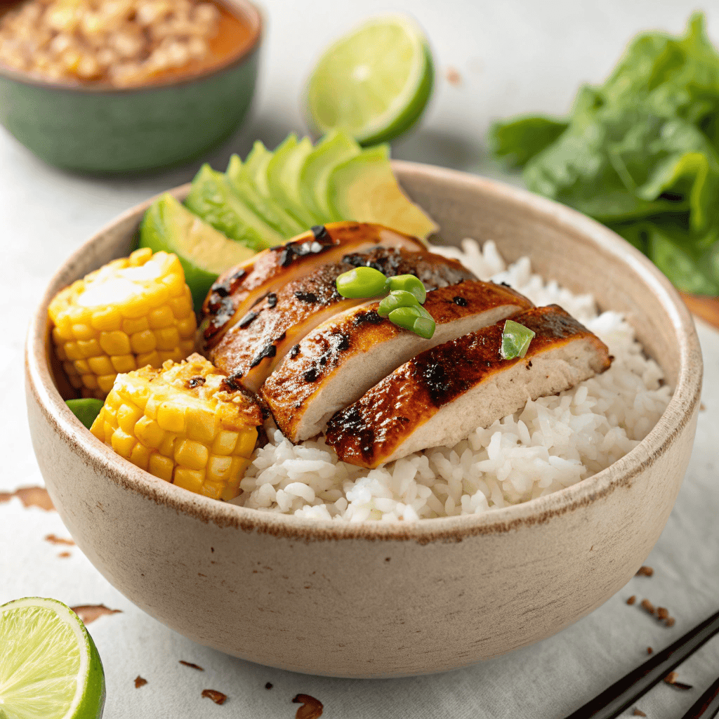 Honey lime chicken rice bowl with glazed chicken, roasted corn, white rice, fresh cilantro, and lime wedges