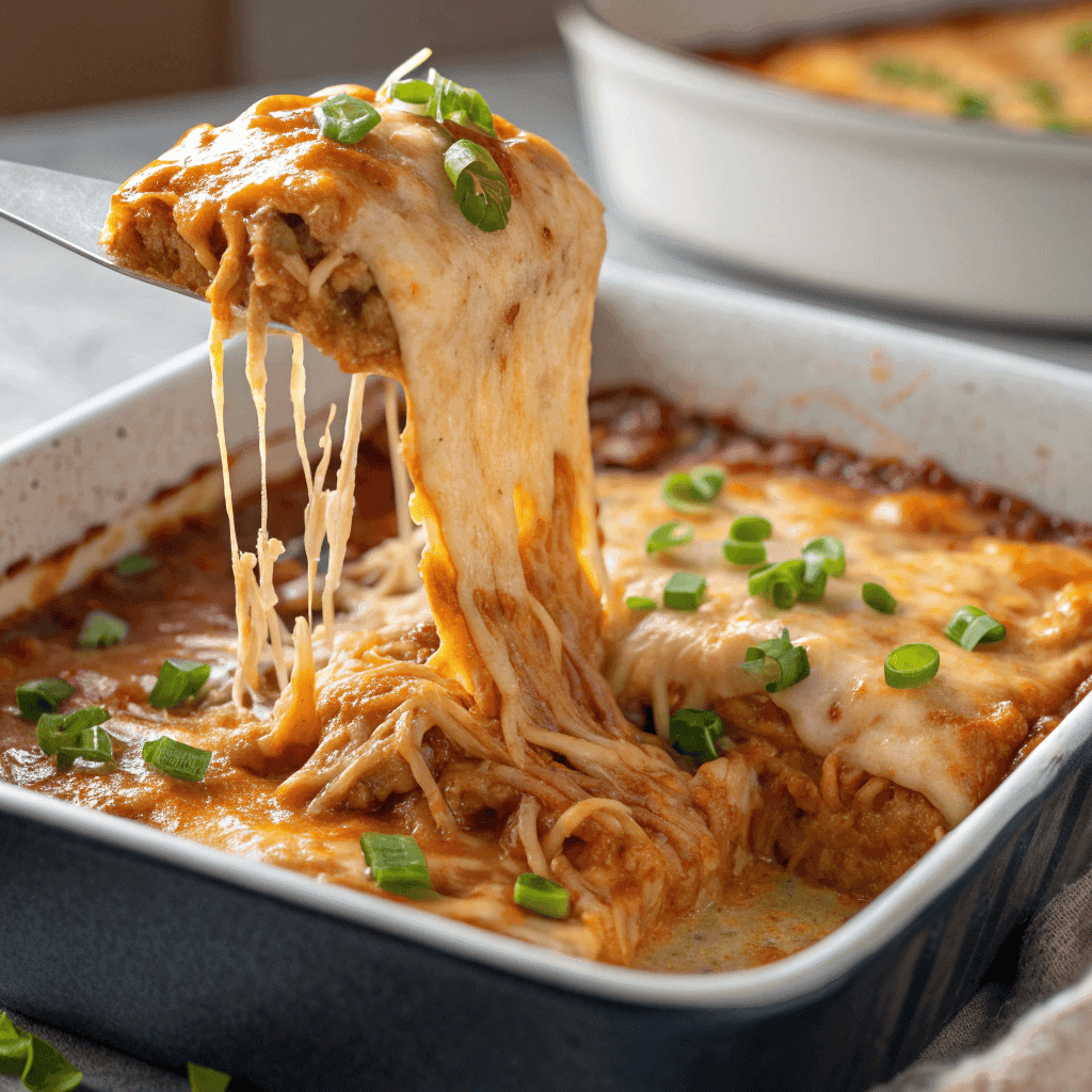 Close-up of a keto chicken enchiladas casserole showing a dramatic cheese pull with melted golden cheese, shredded chicken, and enchilada sauce.