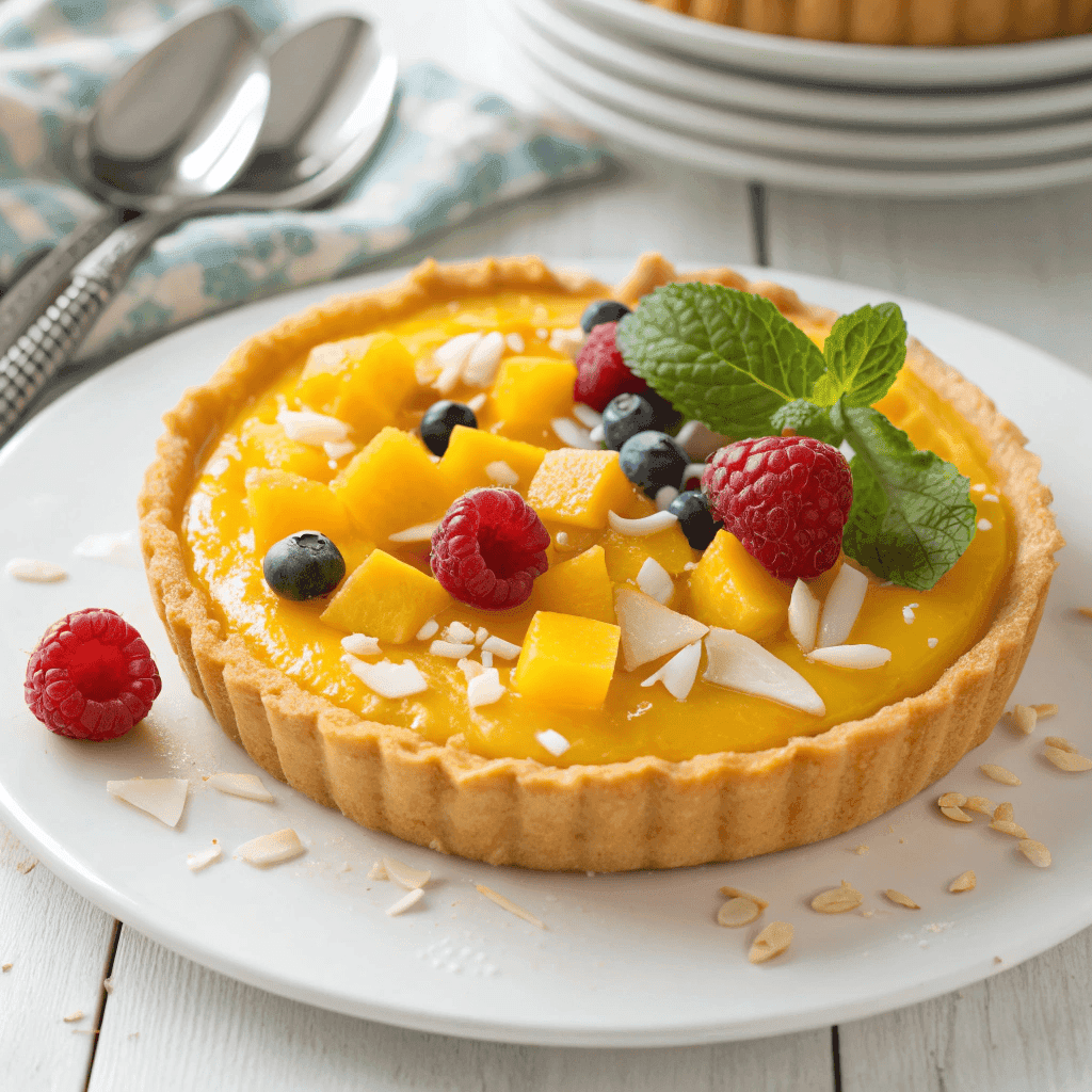 Mango curd tart topped with fresh mango, berries, coconut, and mint