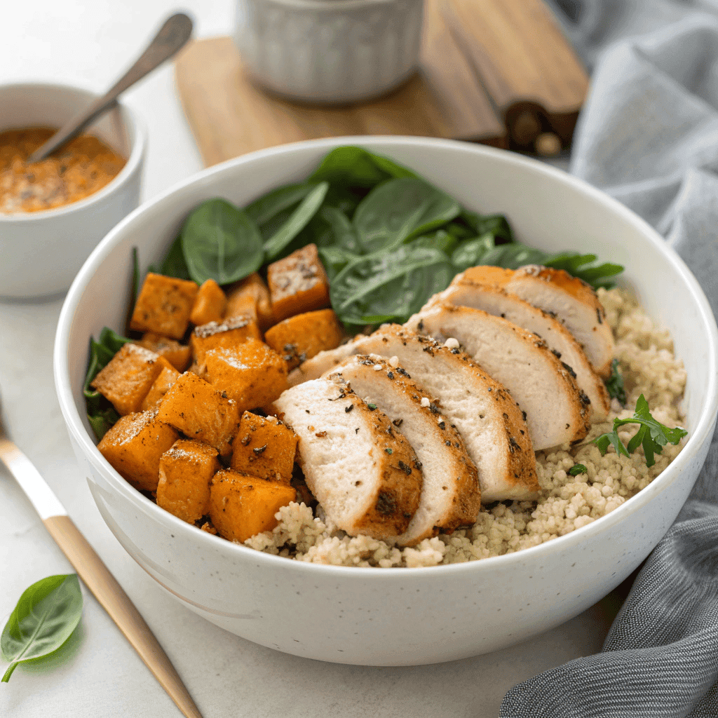Maple Dijon chicken bowl with sliced chicken breast, roasted sweet potatoes, quinoa, spinach, feta, cranberries, and pecans drizzled with maple Dijon sauce.