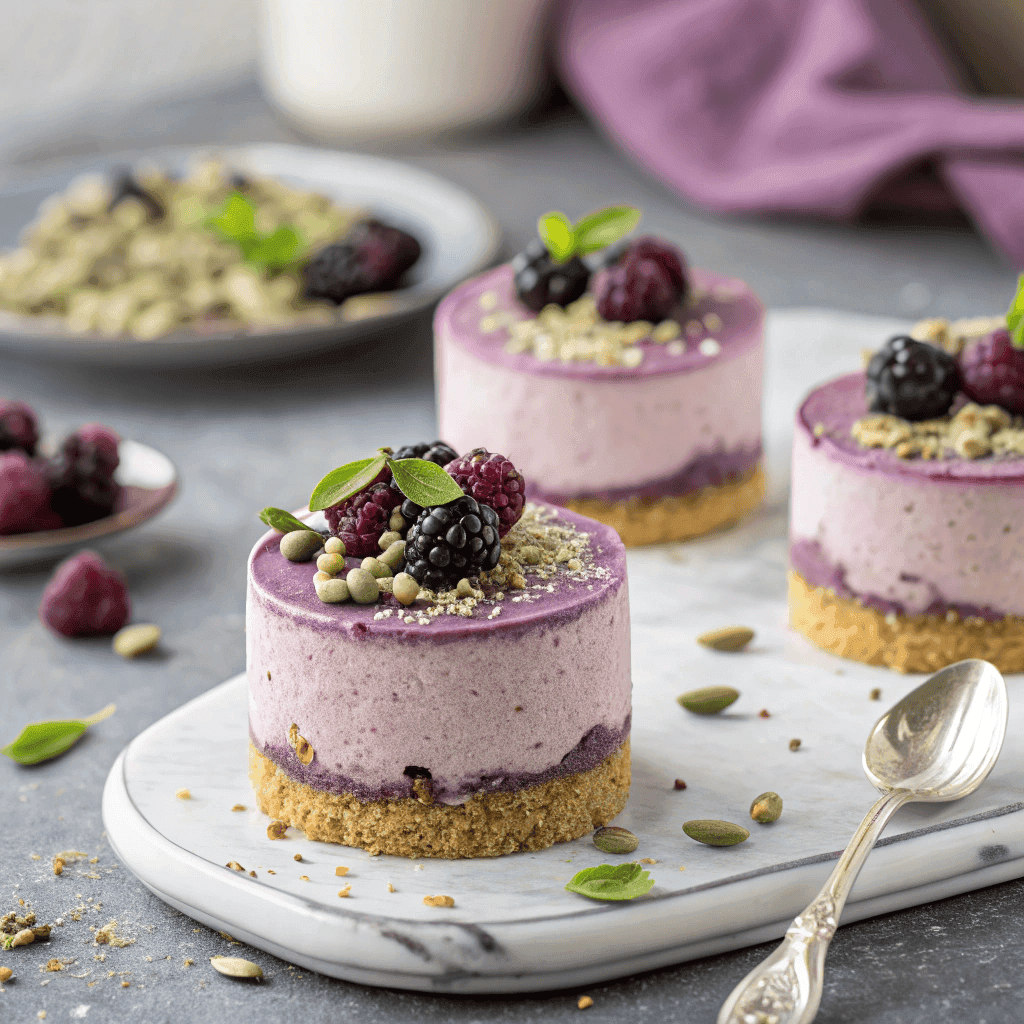 Mini pistachio blackberry cheesecake served on a white plate