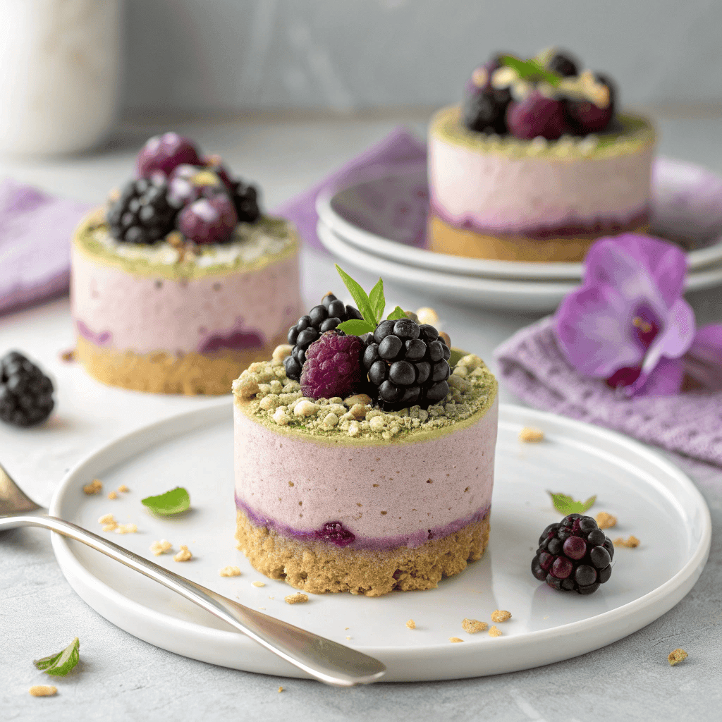 Layered pistachio blackberry cheesecake topped with blackberries and pistachios