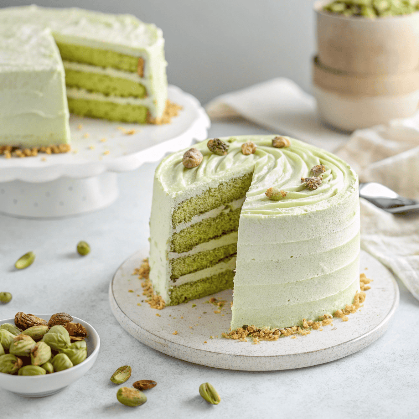 Pistachio mascarpone layer cake with green sponge layers and creamy frosting, sliced to show layers.
