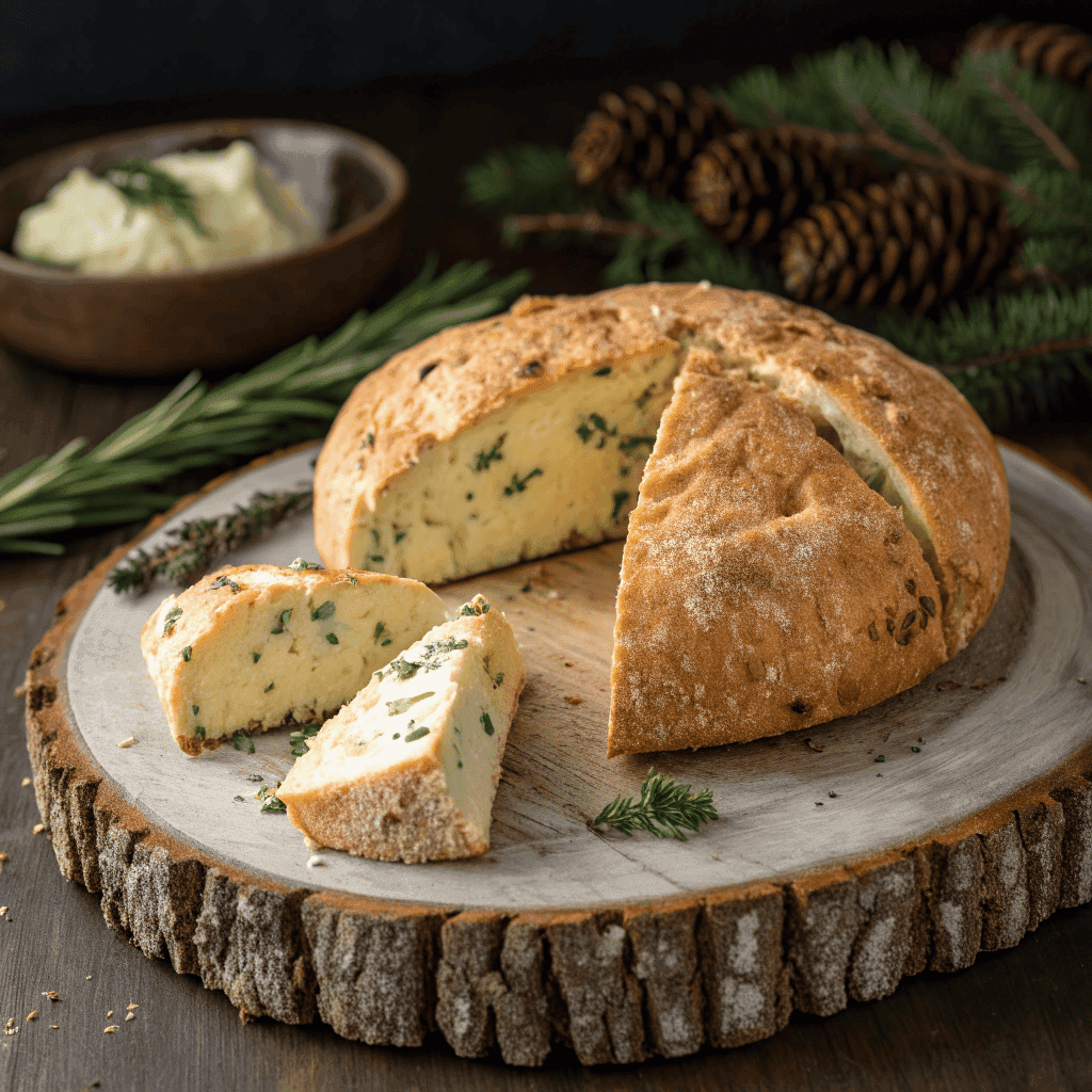 Rustic cheddar and herb soda bread loaf sliced on a wooden board showing golden crust and cheesy herb-filled crumb