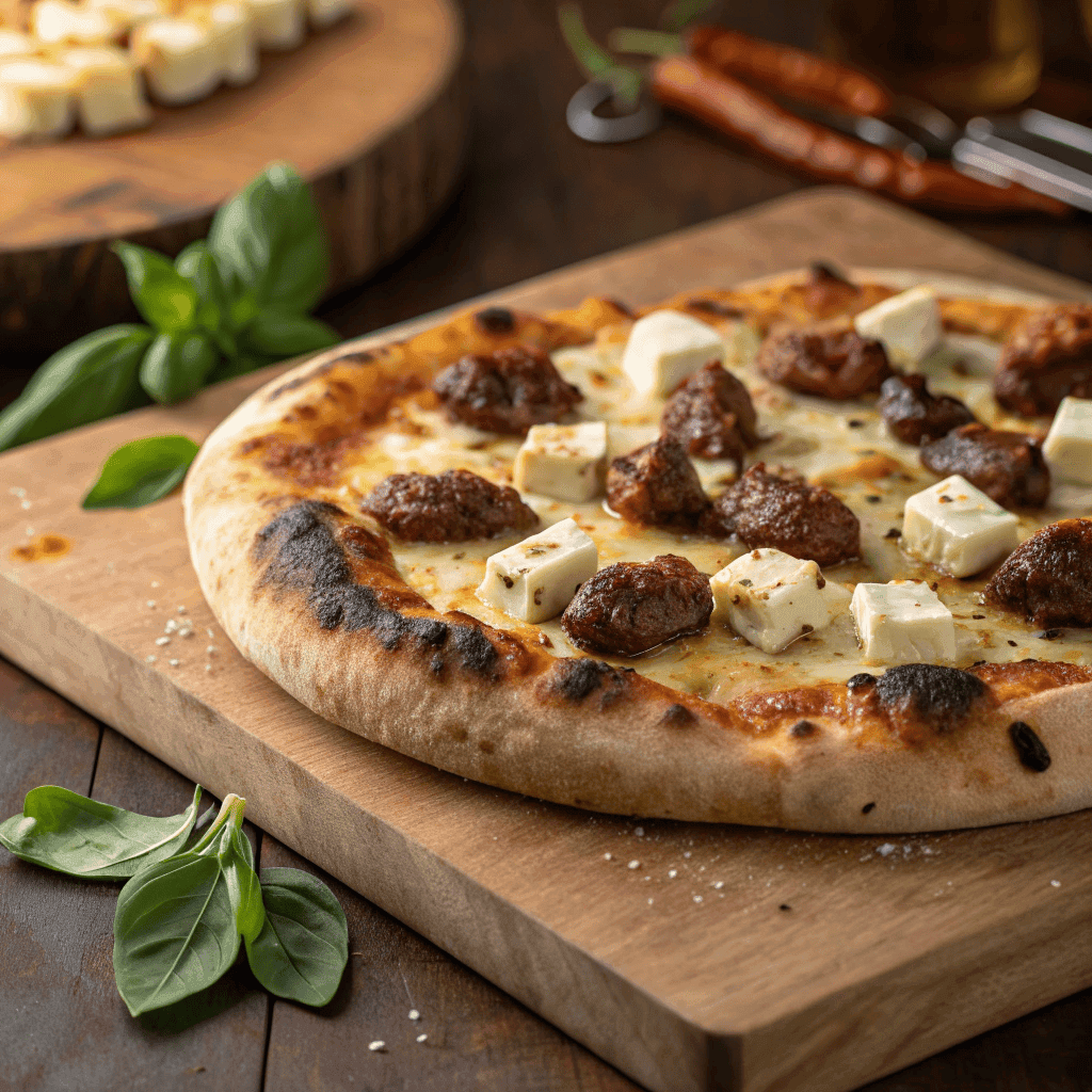Close-up hero shot of a sausage feta honey pizza with charred crust, melted mozzarella, browned sausage, feta crumbles, and glossy honey drizzle on a wooden board.