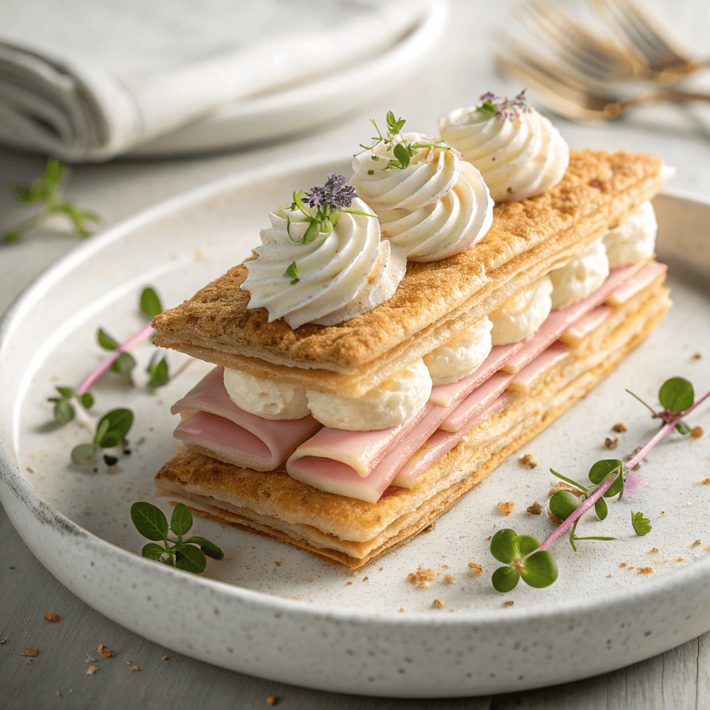Best Savory Ricotta Mille-Feuille with Lemon & Thyme 3 Hero shot of savory mille-feuille with flaky puff pastry layers, piped cream, cured ham, and microgreens on a ceramic plate.