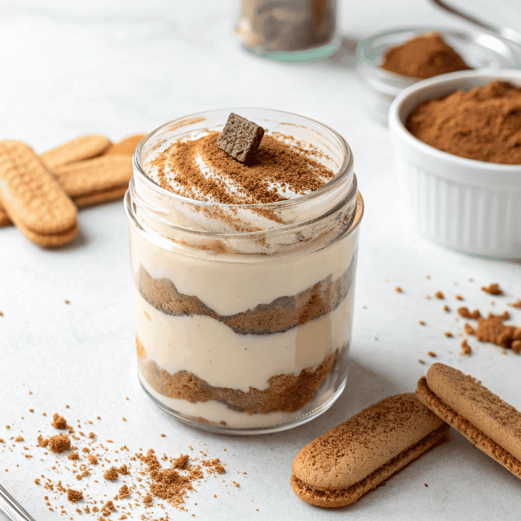 Single jar of Biscoff tiramisu with layered cream and biscuits on a white background.