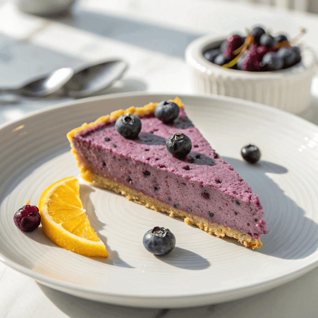 No-bake blueberry chia seed pie slice with smooth purple filling and biscuit crust on a white plate.