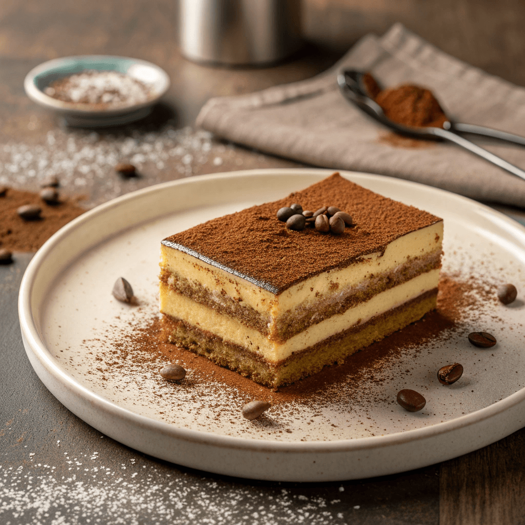 Hero shot of Millionaire’s tiramisu showing layered mascarpone, chocolate, caramel center, cocoa topping, and sea salt flakes.