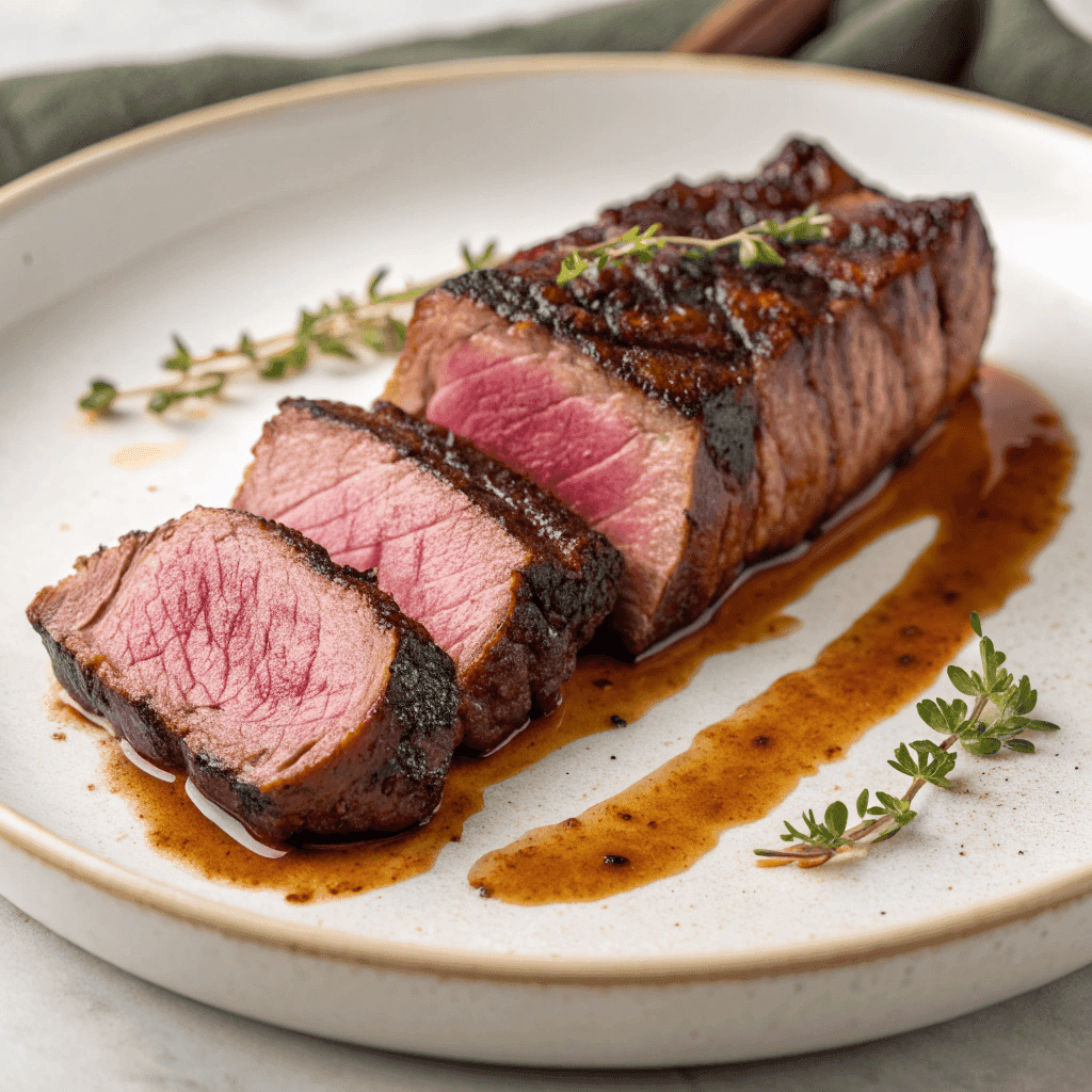 Sliced sirloin steak cooked medium rare with a golden seared crust, served with pan sauce and fresh herbs