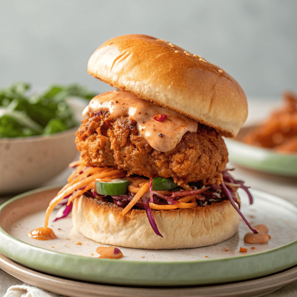 Crispy Thai fried chicken sandwich with brioche bun, slaw, lettuce, and spicy mayo.