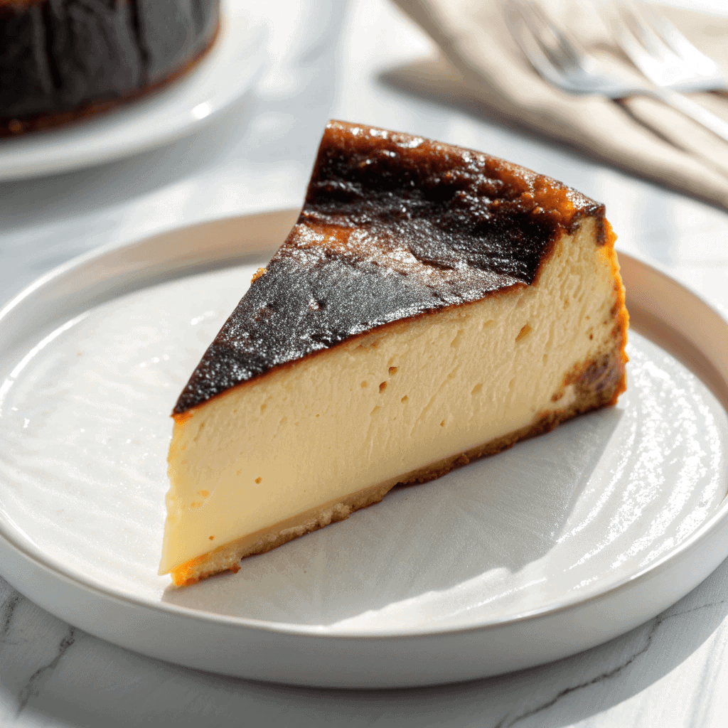 Slice of burnt Basque cheesecake with dark caramelized top and creamy pale interior on a white plate.