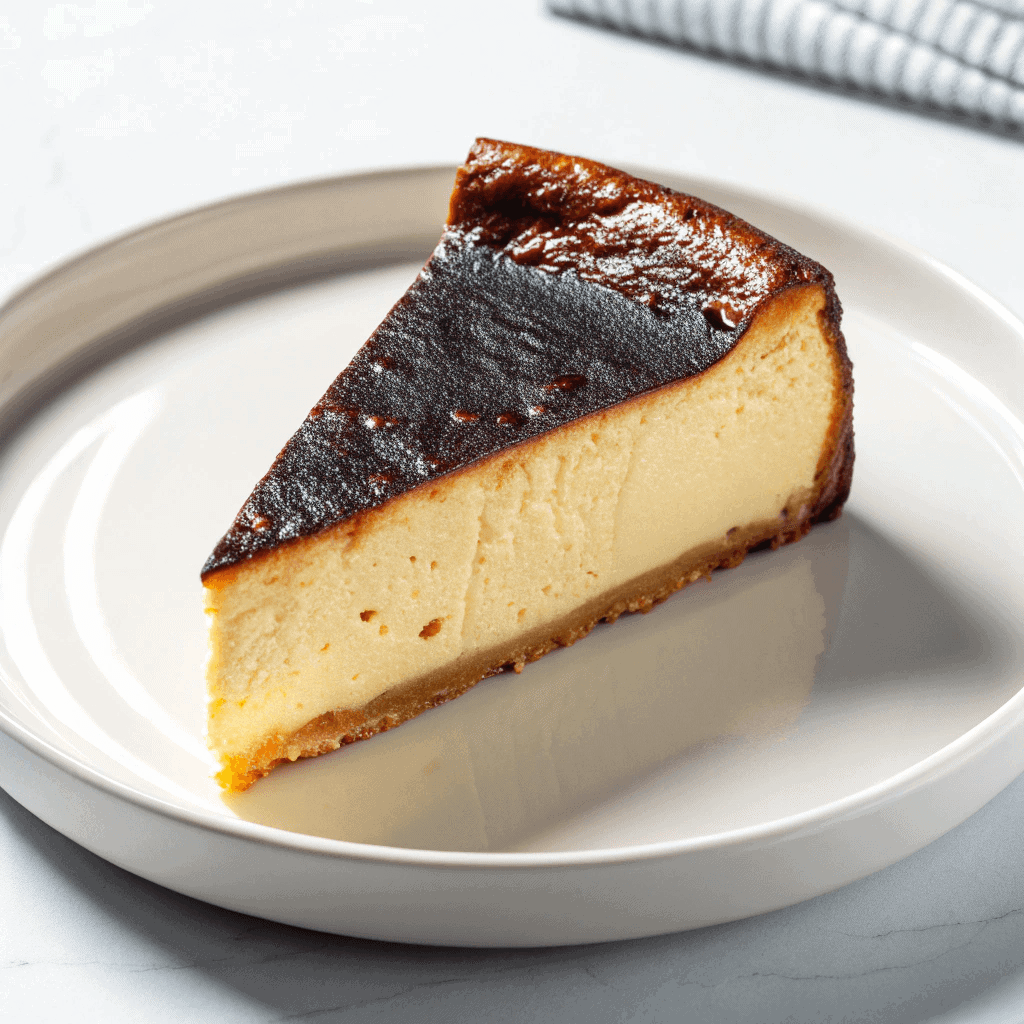 Slice of burnt Basque cheesecake with dark caramelized top and creamy pale interior on a white plate.