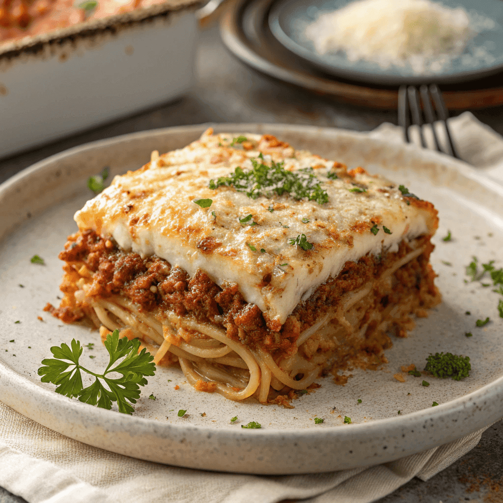 Million dollar spaghetti slice layered with spaghetti noodles, rich meat sauce, creamy cheese filling, and golden baked mozzarella on top