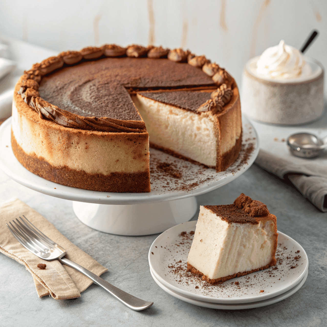 Tiramisu Basque cheesecake with mascarpone topping and cocoa powder, sliced to show layers.