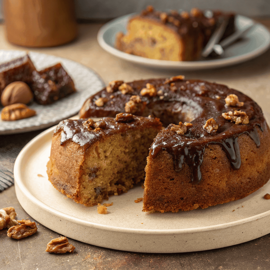 Persian date cake with sticky date glaze and nuts, one slice removed