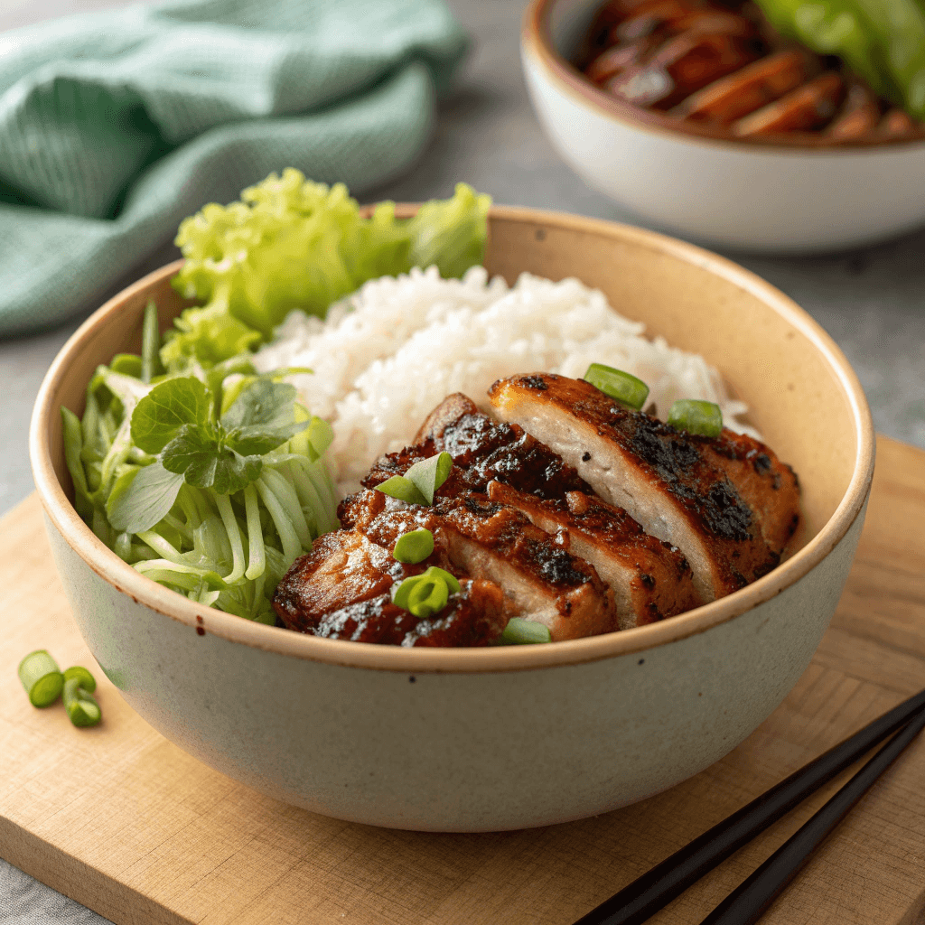 Vietnamese lemongrass chicken bowl with caramelized chicken, white rice, fresh lettuce, herbs, and red chili slices.