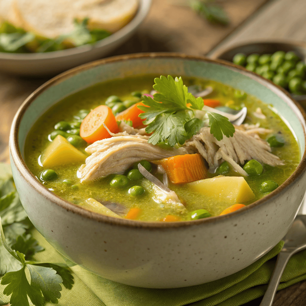 Best Aguadito de Pollo Soup Recipe 4 Peruvian aguadito de pollo soup with green cilantro broth, shredded chicken, potatoes, peas, and carrots.(