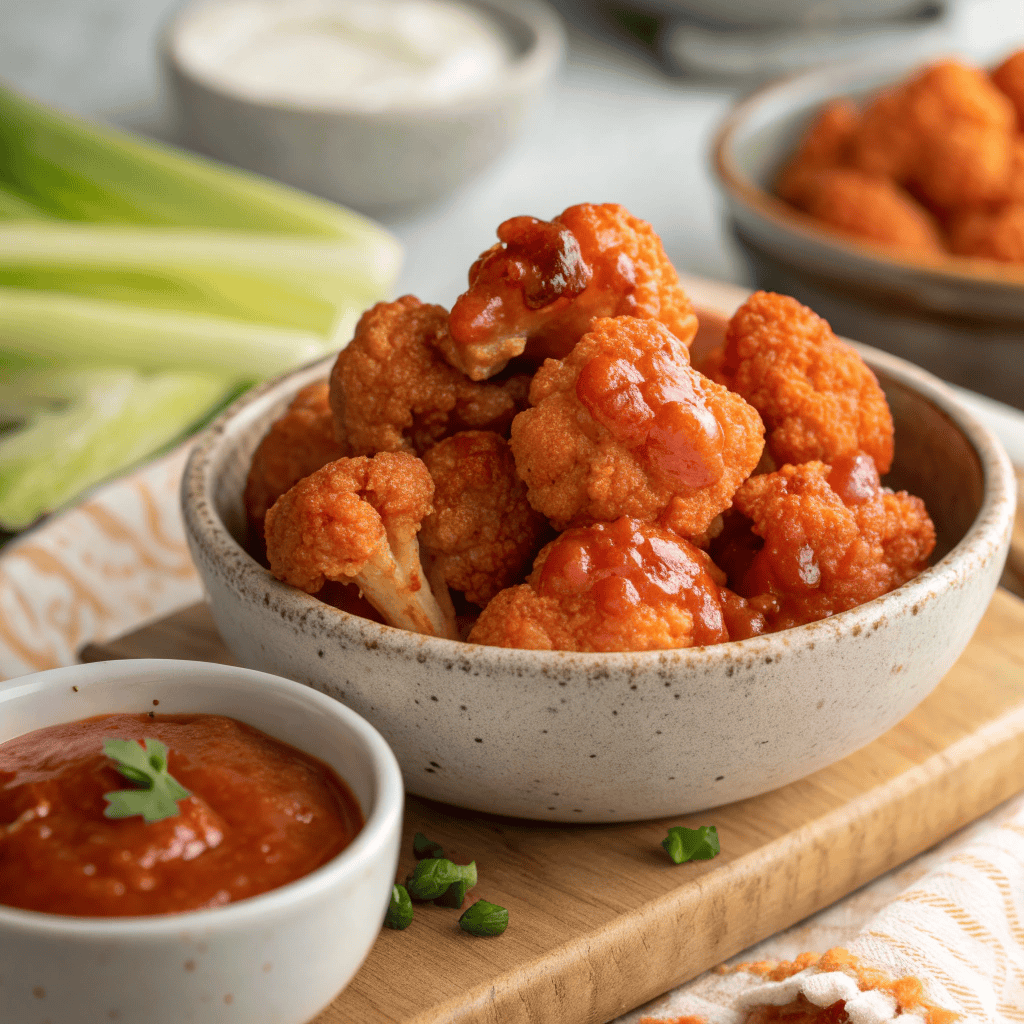 Crispy air fryer buffalo cauliflower coated in glossy red buffalo sauce