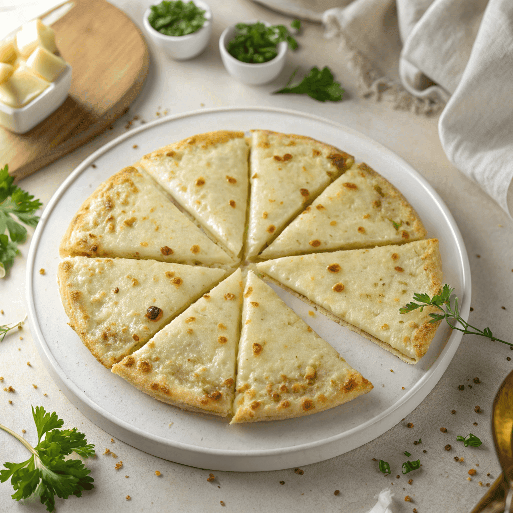 Cheesy tortilla garlic bread cut into triangles with golden melted cheese and herbs