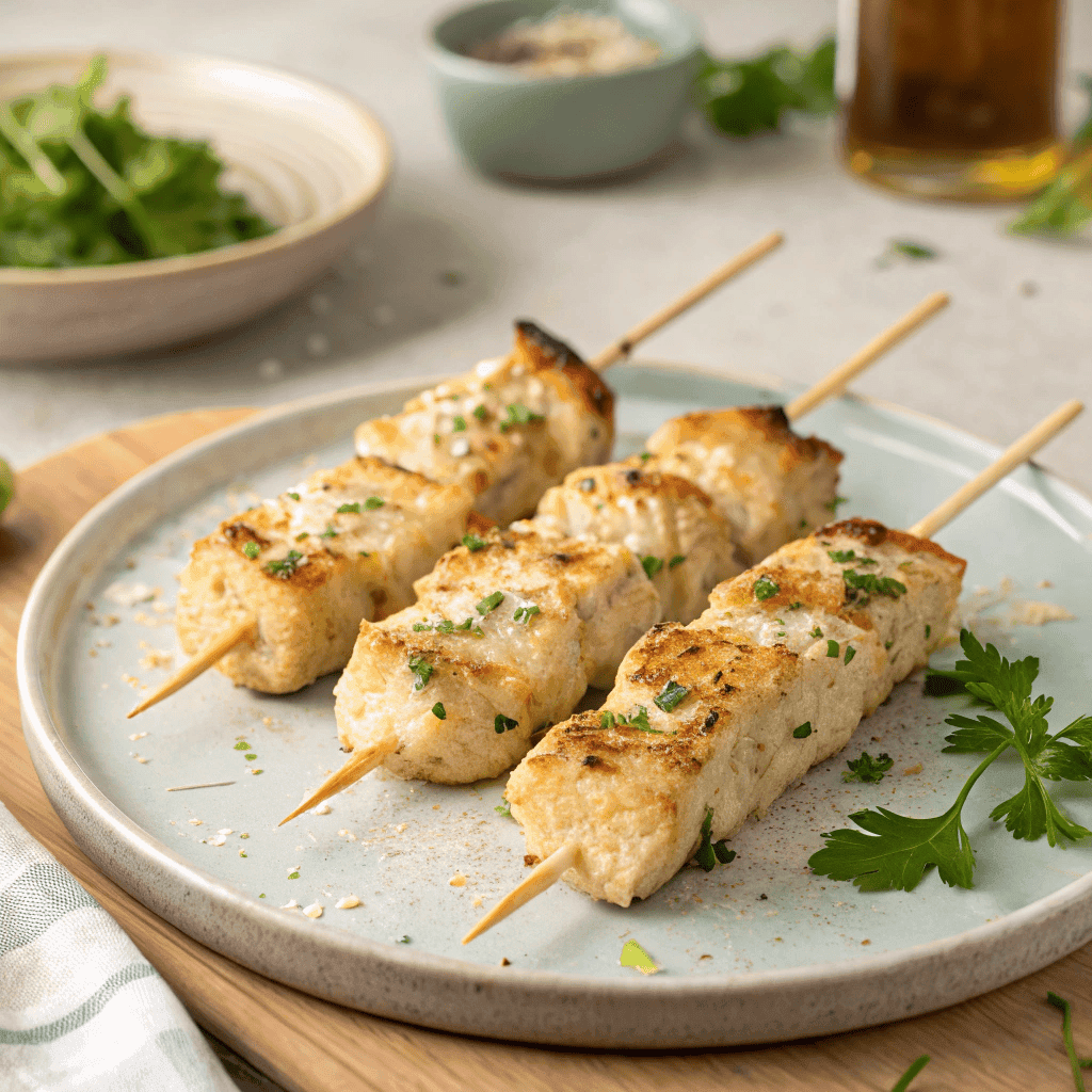 Garlic parmesan chicken skewers cooked in the air fryer with golden crust and herbs