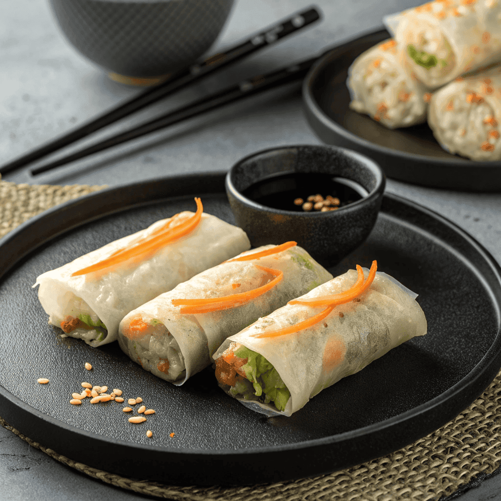 Crispy air fryer rice paper noodle rolls with visible vegetables and dipping sauce