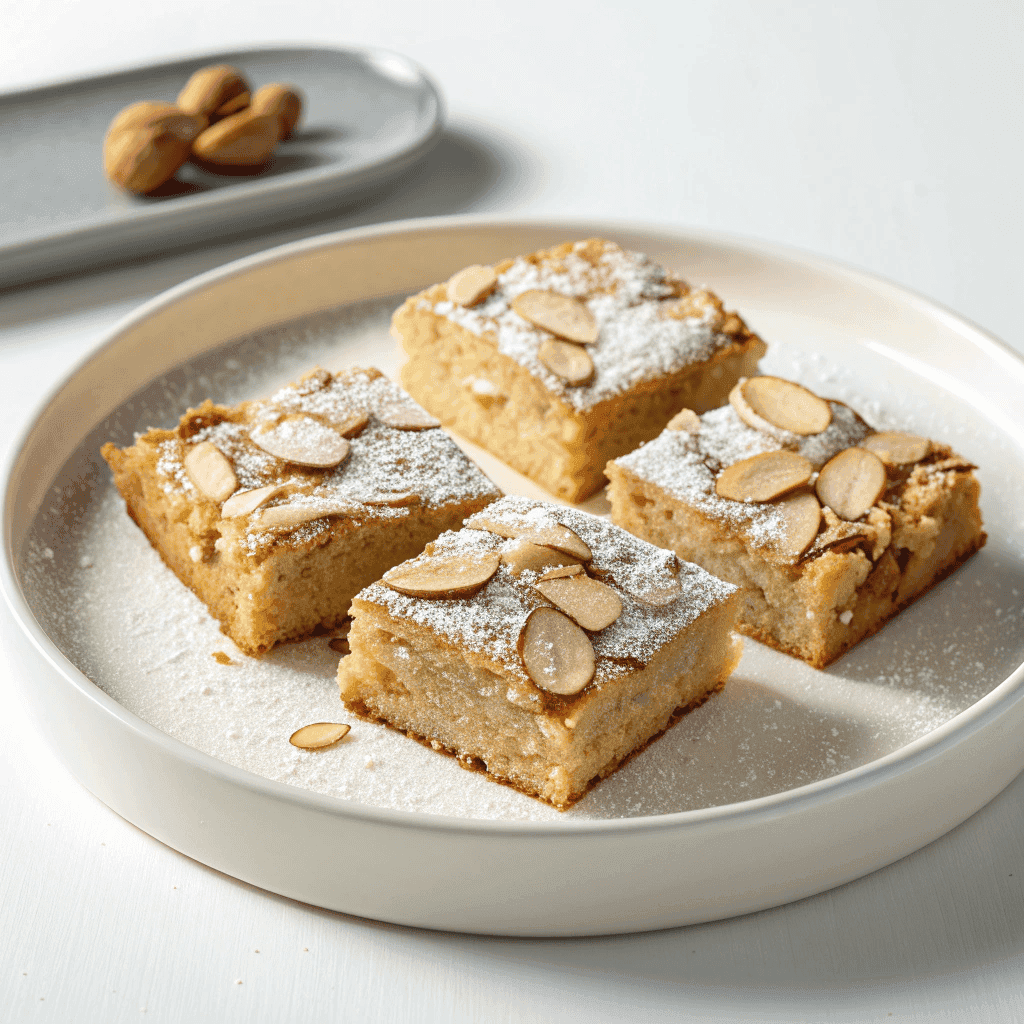 Square almond croissant blondies with sliced almonds and powdered sugar served on a white plate.