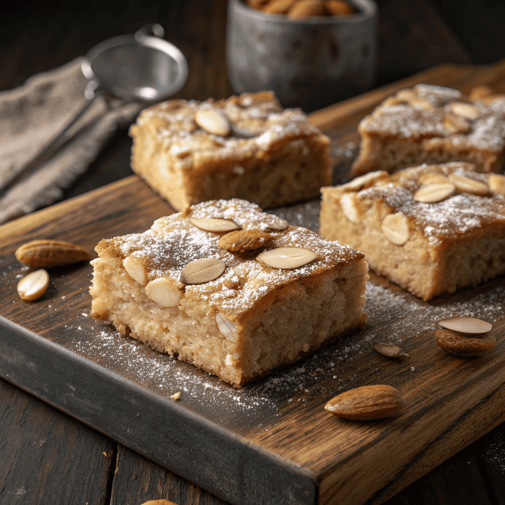Almond croissant blondies topped with sliced almonds and powdered sugar on a rustic wooden board.