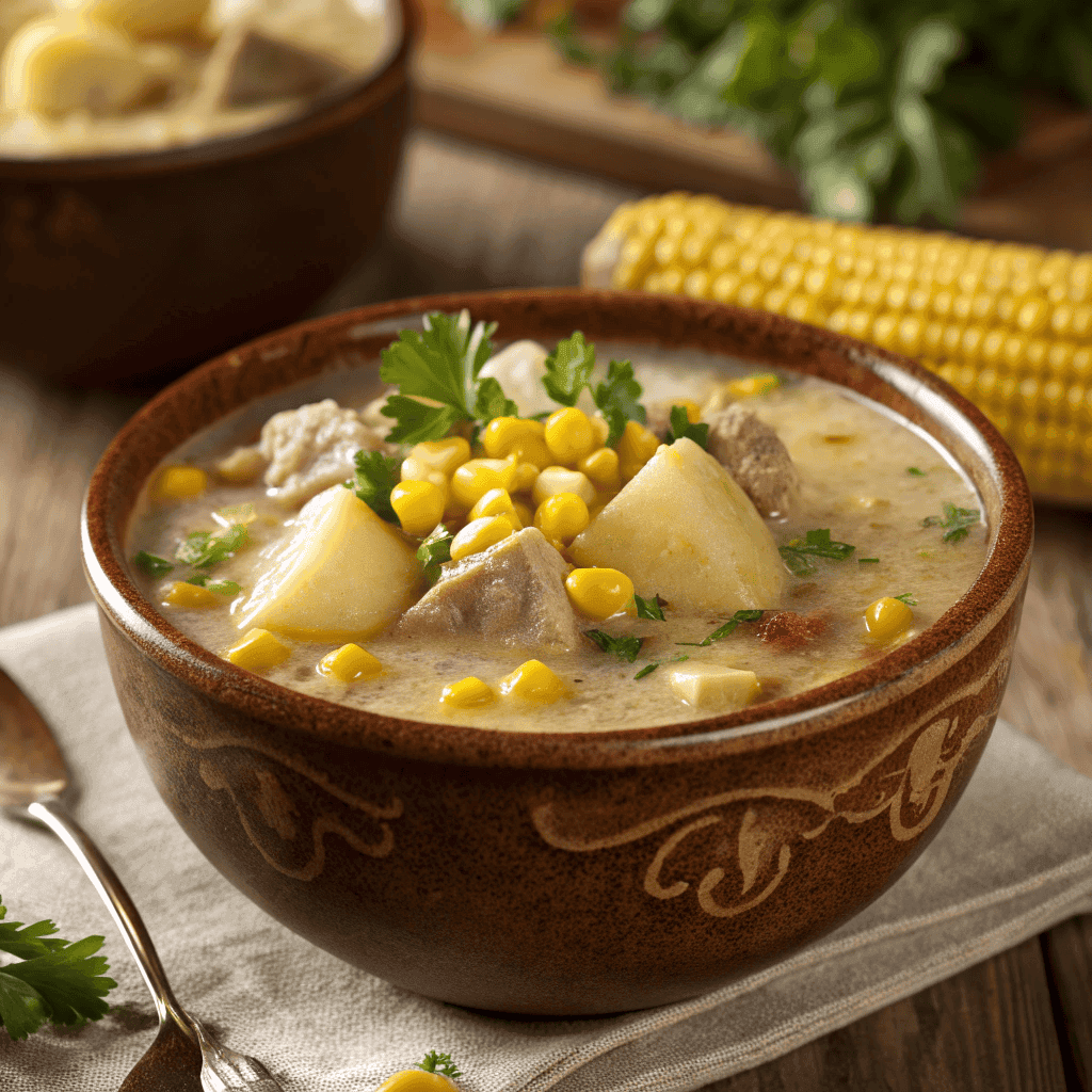 Thick Amish snow day soup with potatoes, corn, and bacon in a rustic bowl