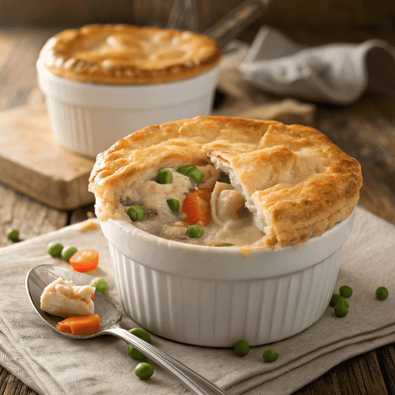 French chicken pot pie with flaky puff pastry and creamy chicken filling in a ramekin.