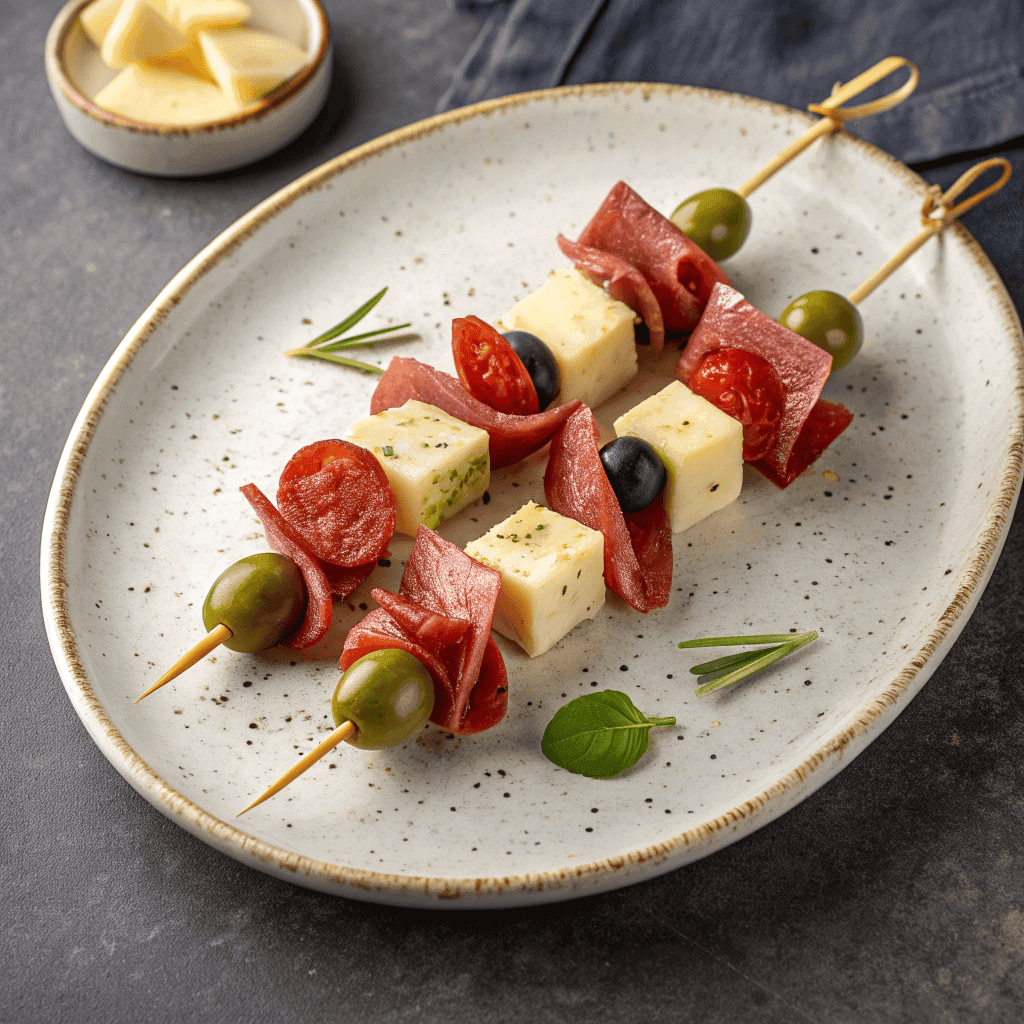 Antipasto skewers with cured meats, olives, and cheese served on a clean white plate in a minimalist food photography style.