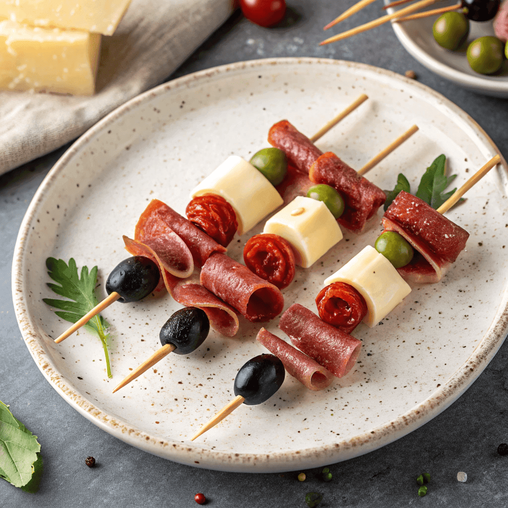Full antipasto dish with skewered cured meats, olives, cheese folds, and butter rosette on a ceramic plate.