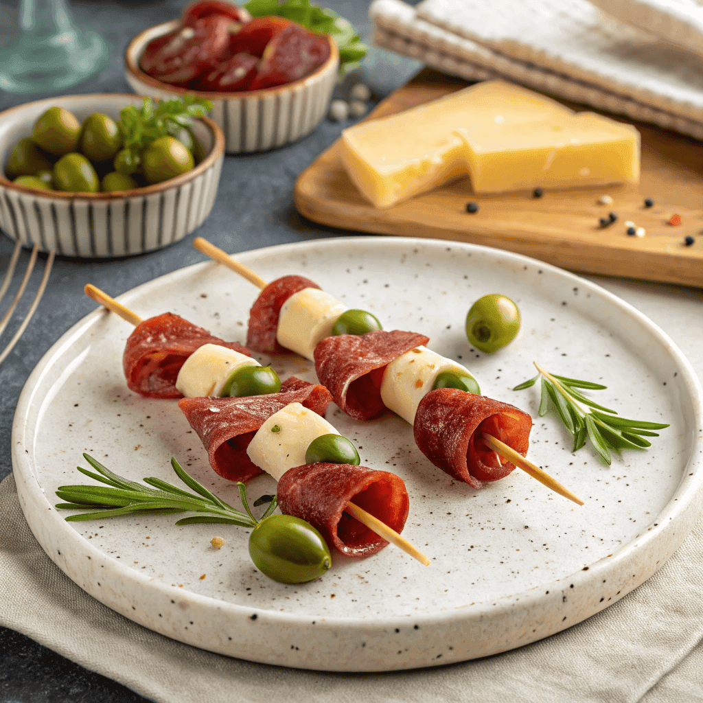 Top-down hero shot of antipasto skewers with folded cured meats, green olives, cheese slices, and butter rosette on a speckled ceramic plate.