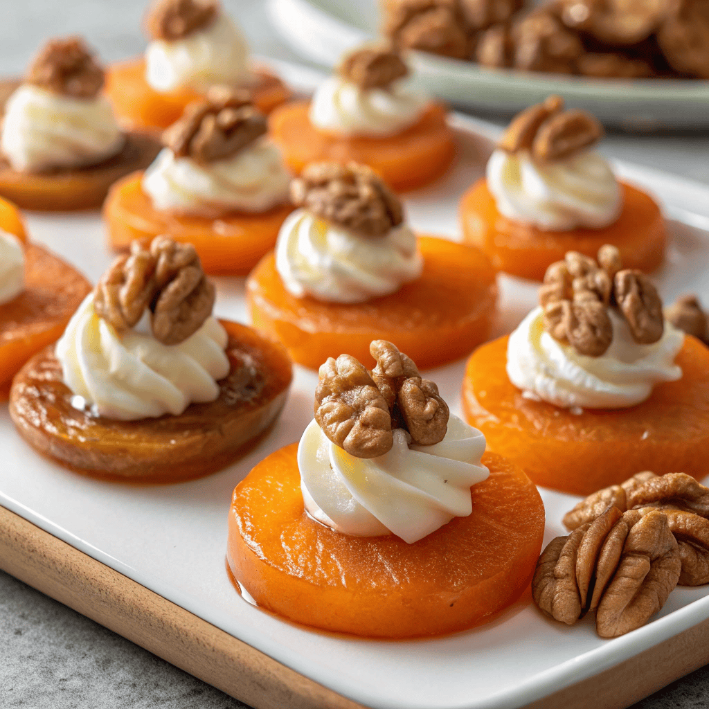 Close-up of apricot appetizer with goat cheese and walnut