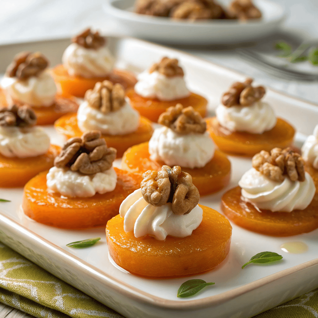 Apricot slices topped with whipped goat cheese and walnuts