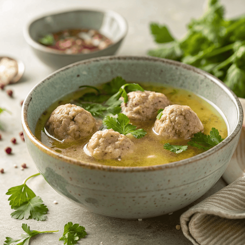 Arabic meatball soup with tender meatballs, fresh herbs, and clear golden broth in a rustic bowl