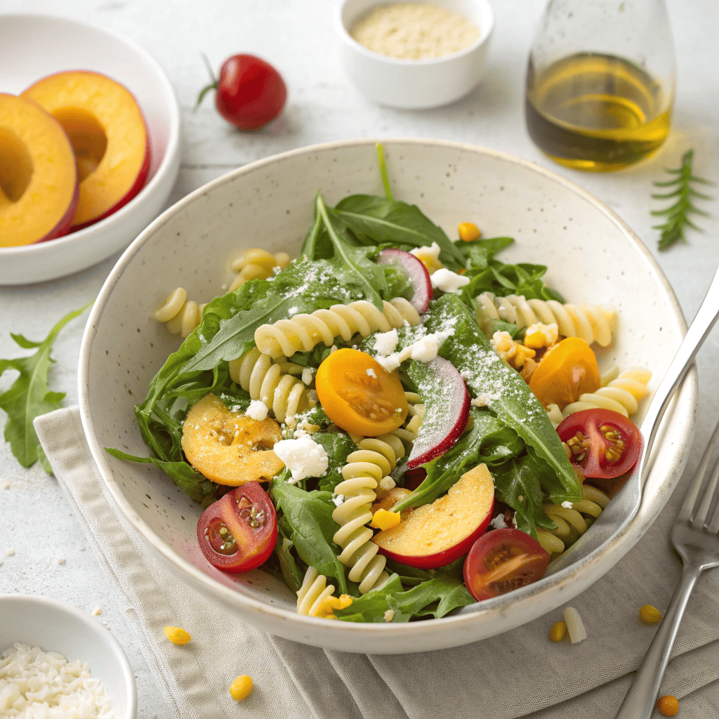 Hero shot of arugula pasta salad with fusilli, peaches, cherry tomatoes, corn, red onion, and crumbled cheese in a white bowl.