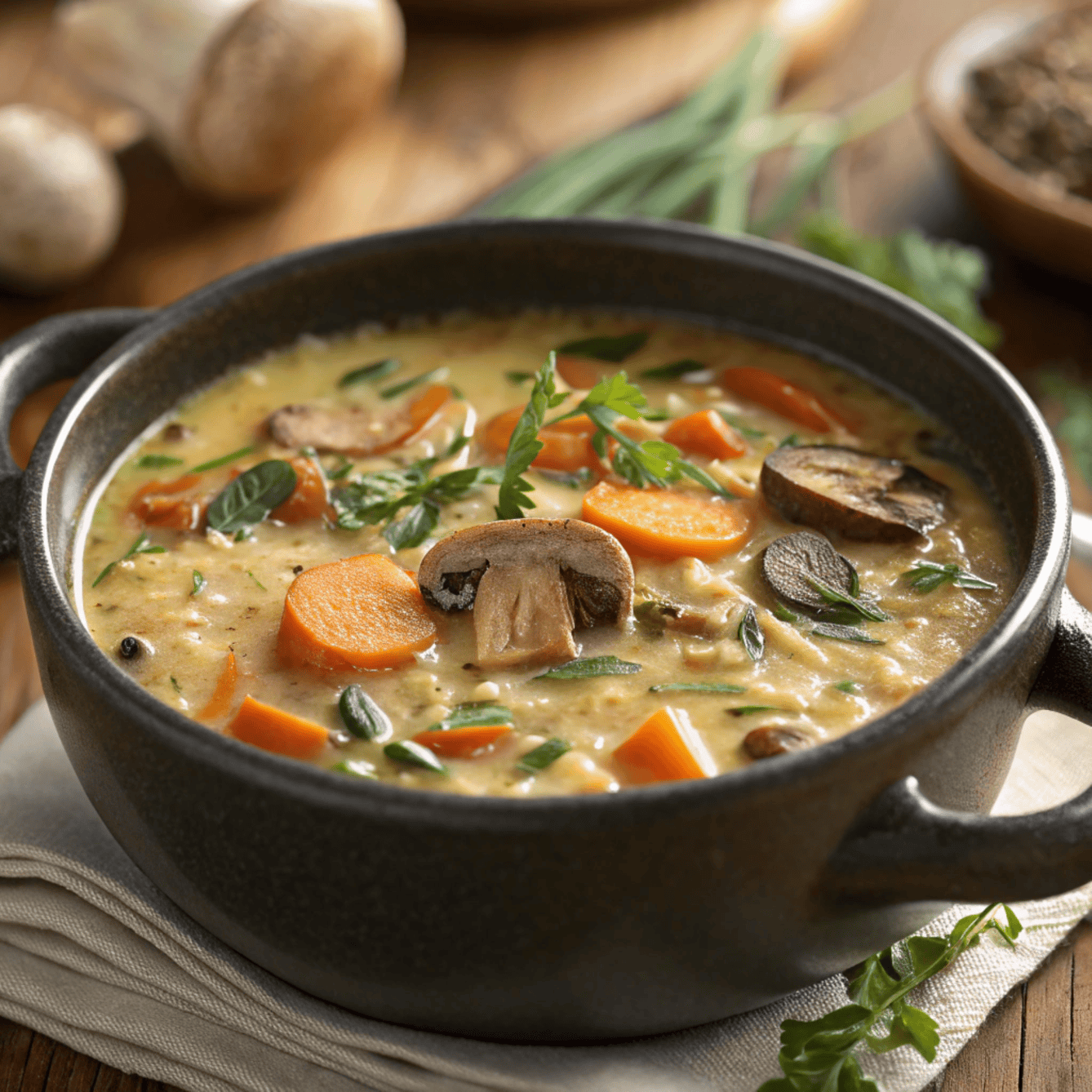 Creamy autumn wild rice soup with mushrooms, carrots, greens, and herbs in a rustic bowl.