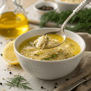 Close-up hero shot of avgolemono soup with golden lemon broth, chicken, rice, dill, and olive oil droplets in a white bowl.