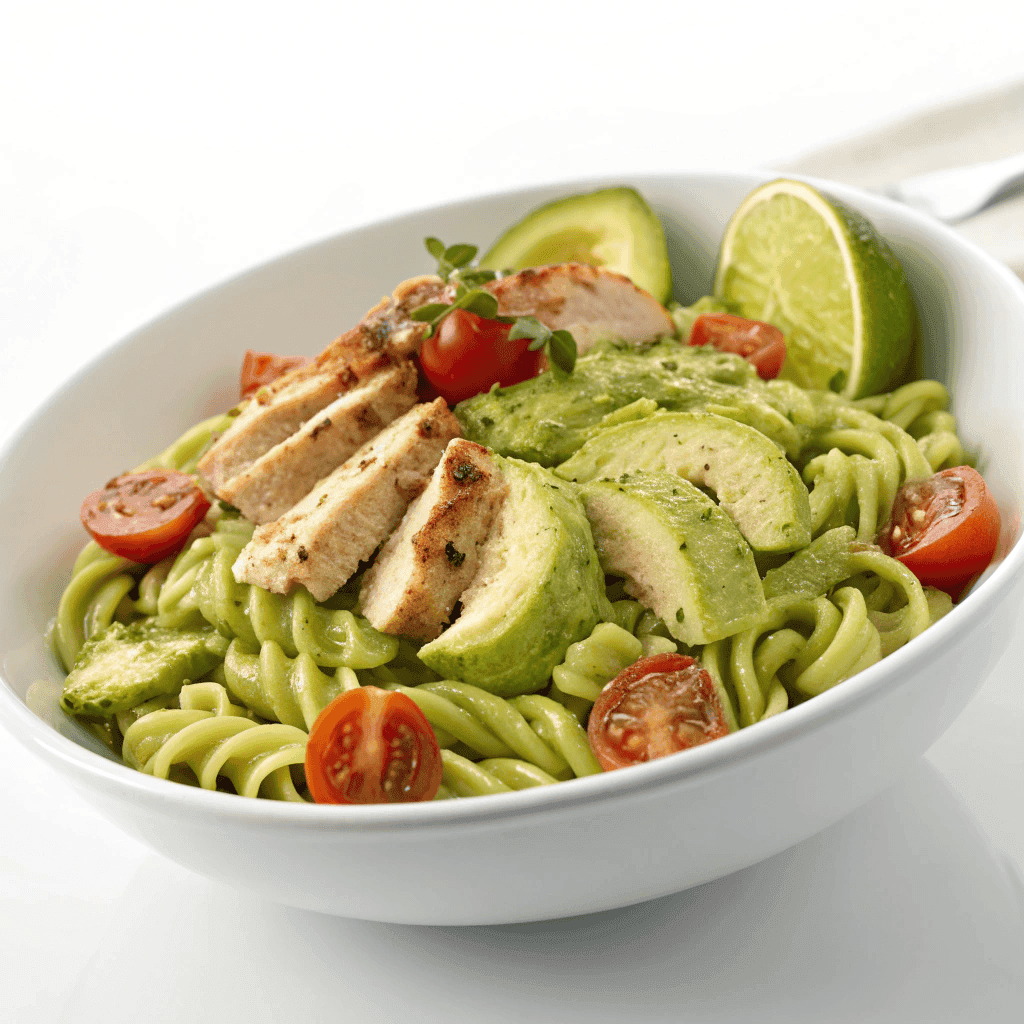 Avocado lime chicken pasta served in a white bowl with avocado, chicken, and tomatoes.
