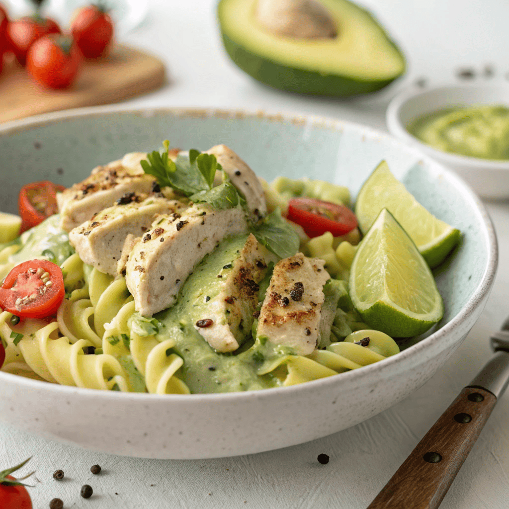 Avocado lime chicken noodles with fusilli pasta, avocado slices, chicken, and cherry tomatoes.
