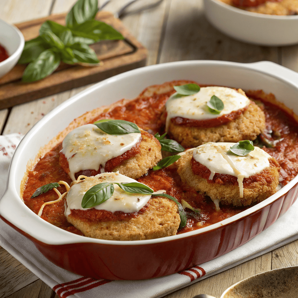 Baked chicken Sorrentino layered with eggplant, prosciutto, mozzarella, and marinara sauce