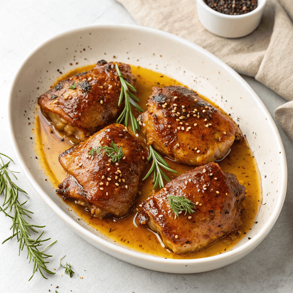 Baked honey dijon chicken thighs glazed with sticky golden sauce and fresh rosemary on a white platter
