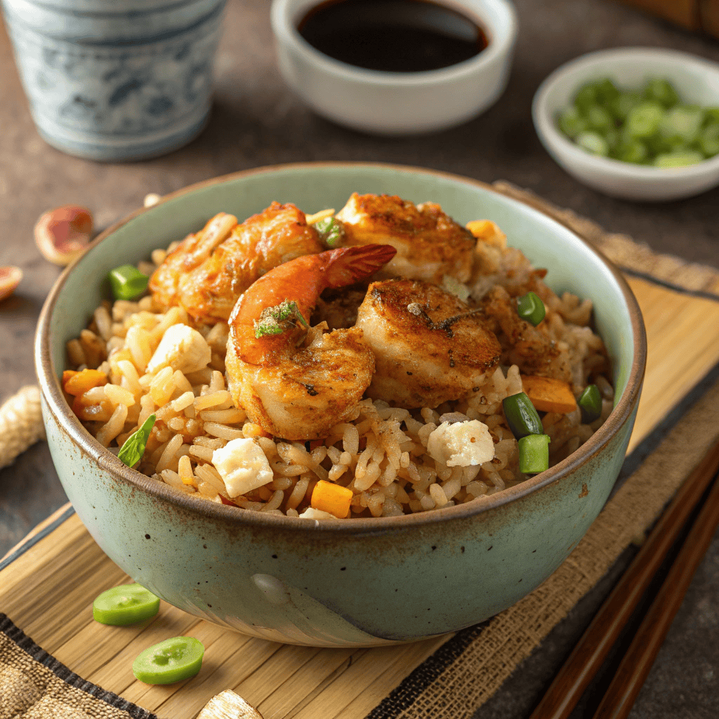 Hero shot of Bang Bang fried rice with shrimp, scrambled eggs, vegetables, and green onions in a bowl.