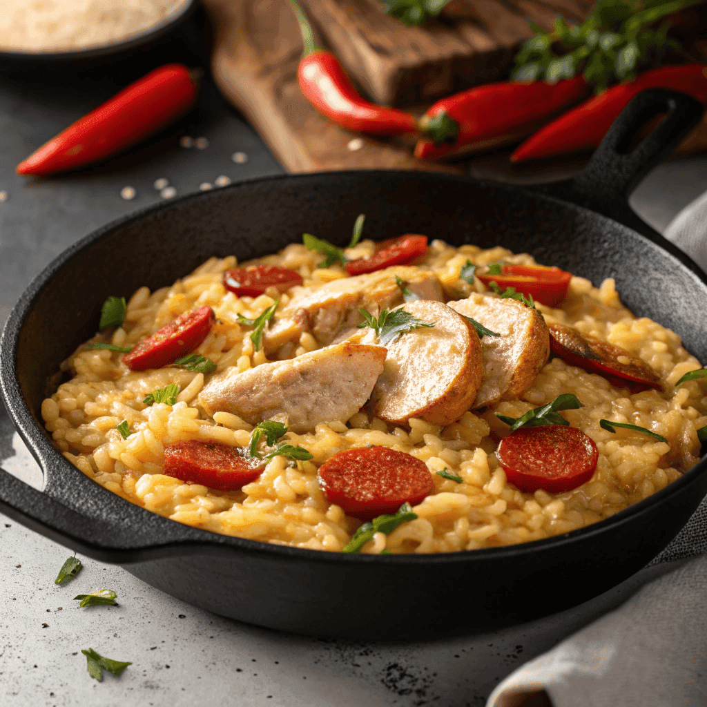 Overhead hero shot of Basque risotto with creamy rice, sliced chicken breast, red chorizo, green peppers, and black pepper in a cast-iron skillet.