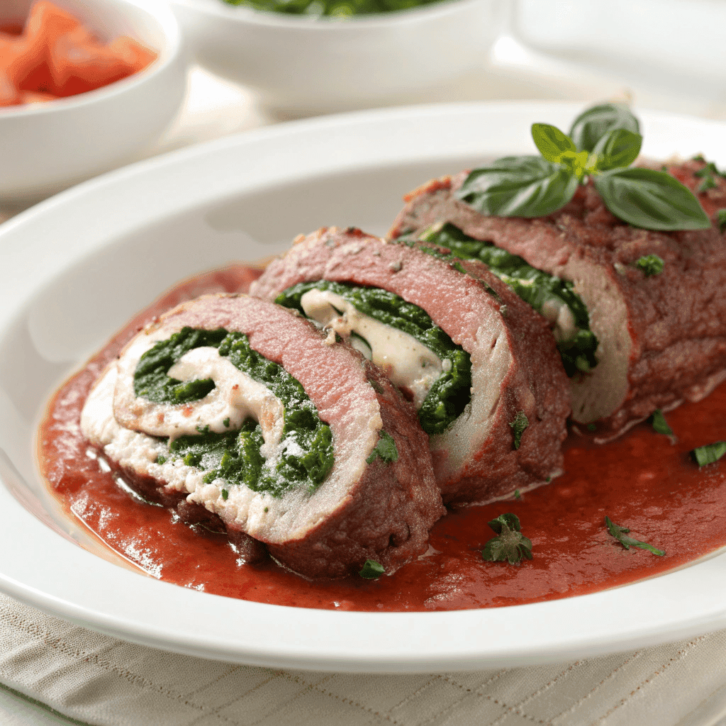 Beef braciole served on a plate showing stuffed spiral layers with tomato sauce.