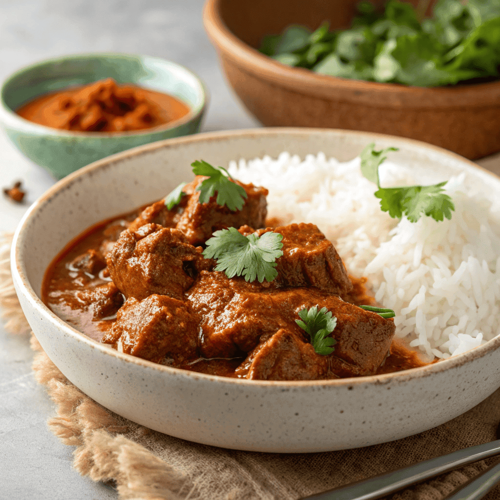 Beef Madras curry with white rice in a bowl, topped with cilantro and lime, rich red sauce and tender beef chunks