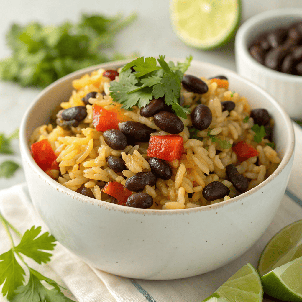 Black beans and rice served in a white bowl with fluffy seasoned rice, tender black beans, and fresh cilantro