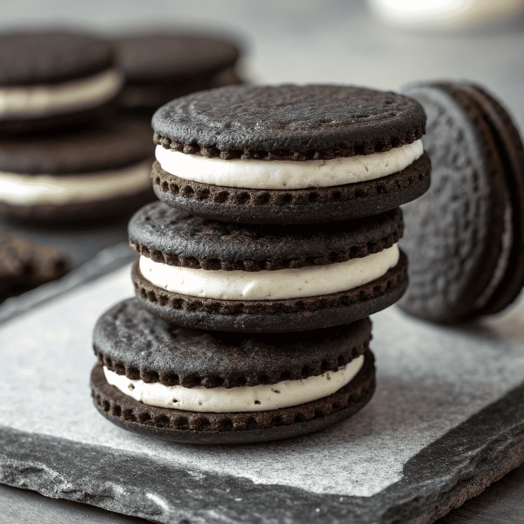 Full batch of black cocoa sandwich cookies with thick white cream filling stacked together.